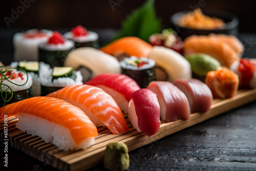 roll food seafood japan rice meal japanese set fish sushi. Generative AI.