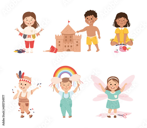 Cute Little Kids Making Crafts Enjoy Creative Hobby Vector Set