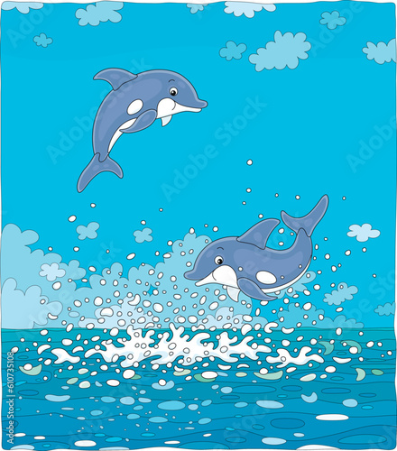 Merry dolphins jumping out of water in splashes, somersaulting in air and playing in waves of a tropical sea, vector cartoon illustration