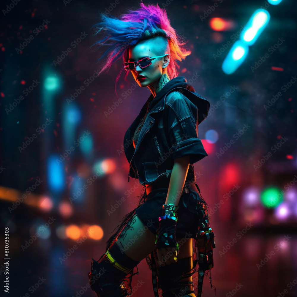 a futuristic punk girl in the dark night, fictional person created with generative ai