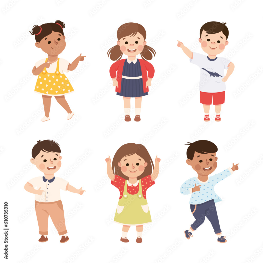 Funny Kids Pointing at Something with Extending Hand and Index Finger Vector Set Funny Kids Pointing at Something with Extending Hand and Index Finger Vector Set