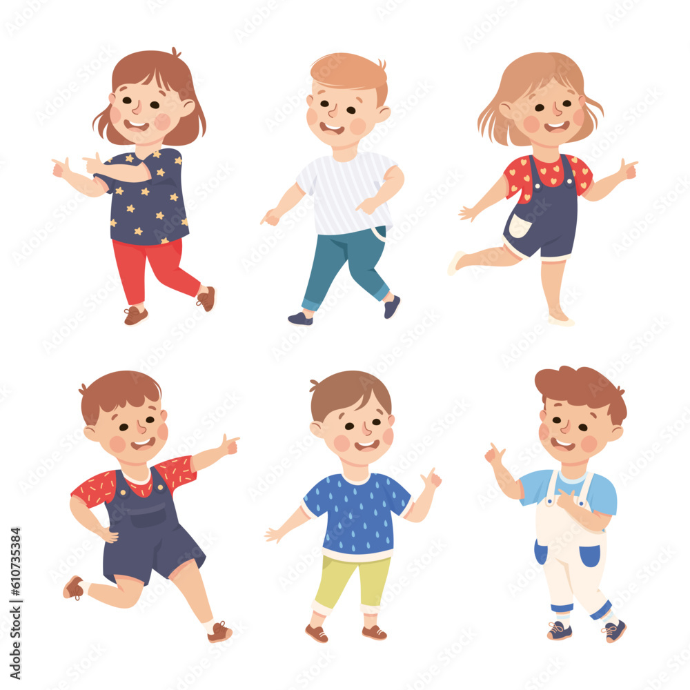 Funny Kids Pointing at Something with Extending Hand and Index Finger Vector Set Funny Kids Pointing at Something with Extending Hand and Index Finger Vector Set