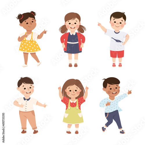 Funny Kids Pointing at Something with Extending Hand and Index Finger Vector Set