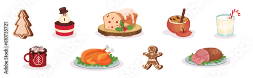 Festive Christmas Food and Served Dish Vector Set