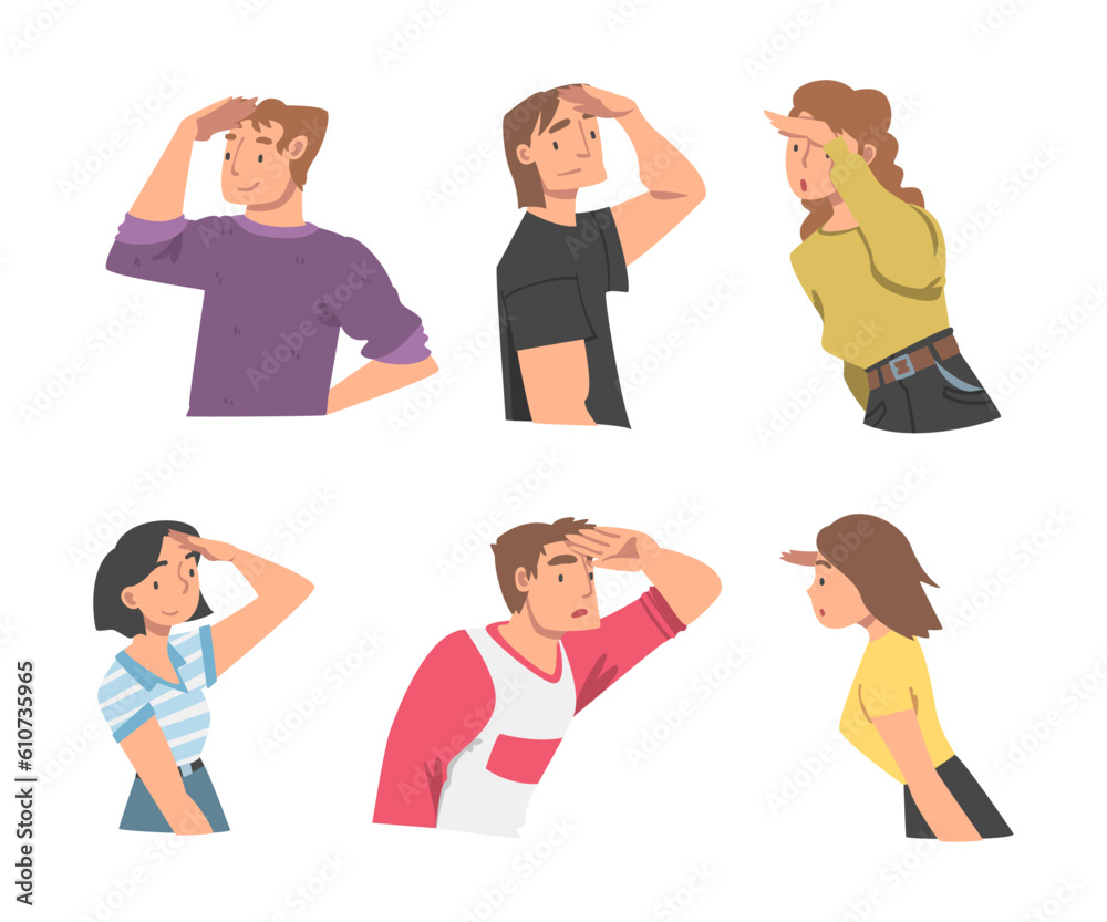 Looking Into Future People Character with Their Hands on Forehead Vector Illustration Set Looking Into Future People Character with Their Hands on Forehead Vector Illustration Set