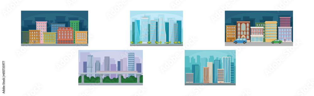 Day and Night Cityscape with Buildings and Urban View Vector Set
