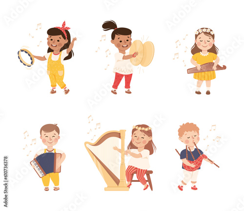 Funny Boy and Girl Playing Musical Instrument Performing on Stage Vector Illustration Set