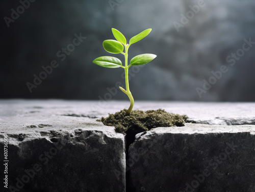 Green sprout growing in stone slab - rebirth, revival, resilience and new life concept