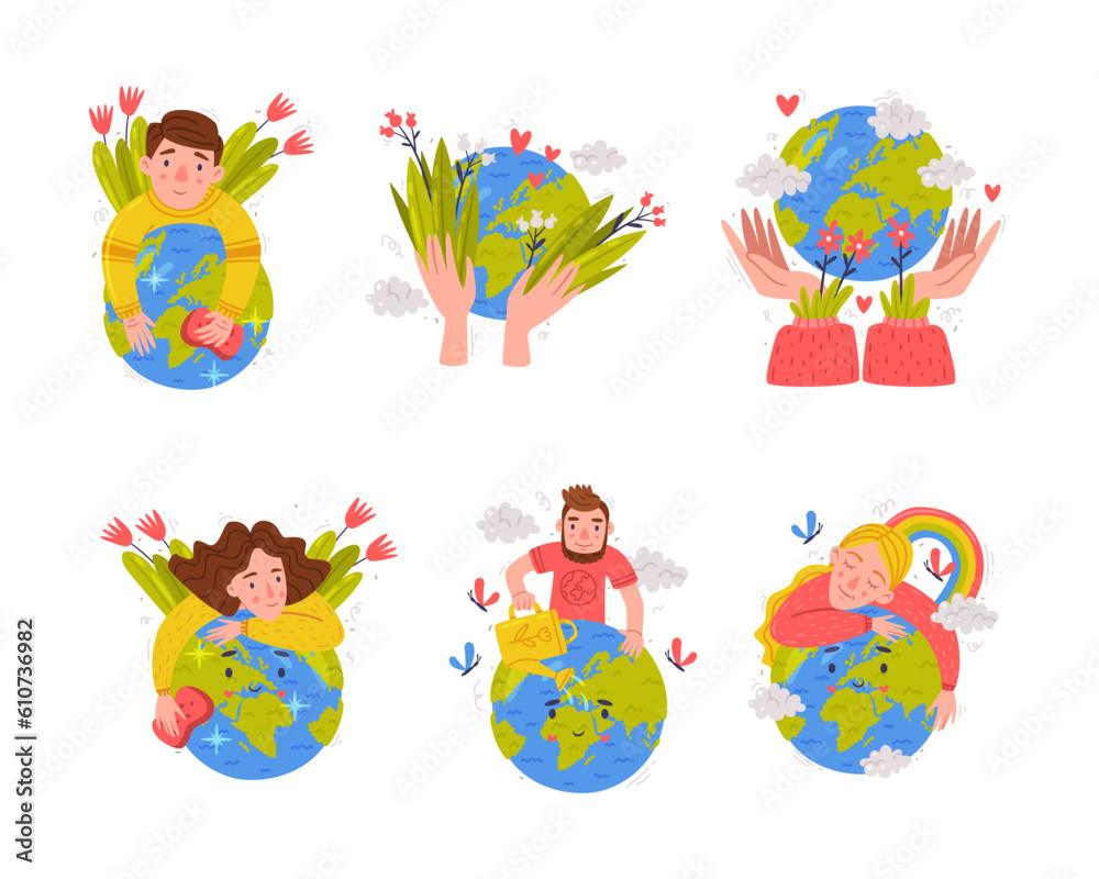 Fototapeta premium Care About Planet with Green Globe as Ecology and Environment Protection Vector Sticker Set