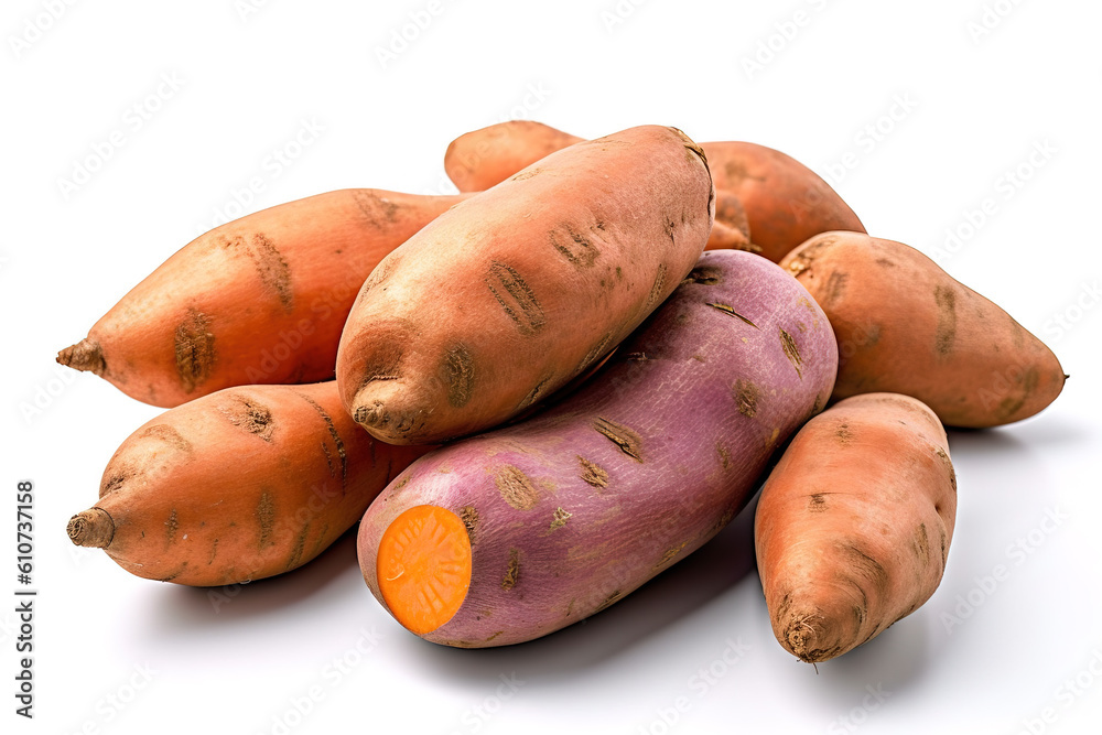 Assortment of sweet potatoes on a white studio background generative ai Assortment of sweet potatoes on a white studio background generative ai