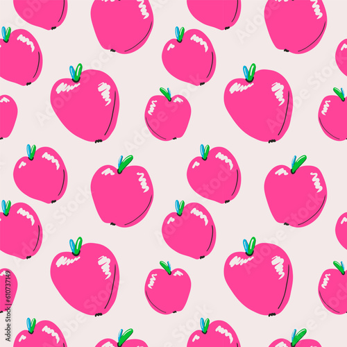 Pink apple fruit seamless pattern. Vector print for textile, fabric, wrapping paper