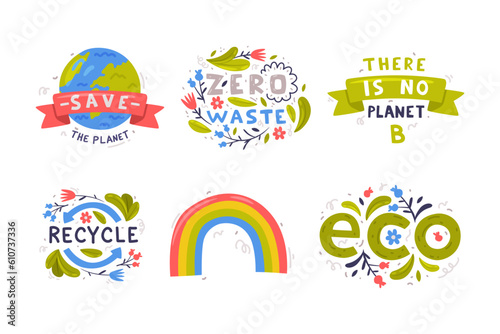 Care About Planet with Green Globe and Rainbow as Ecology and Environment Protection Vector Sticker Set