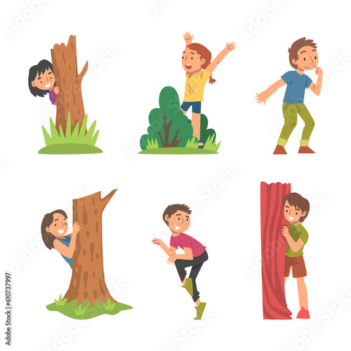 Kids Playing Hide and Seek Concealing Behind Tree and Bush Vector Set