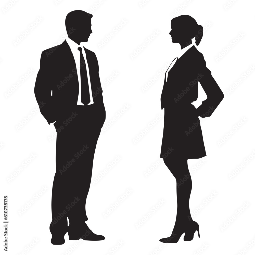 man and woman standing, business, couple, black color, isolated on white background