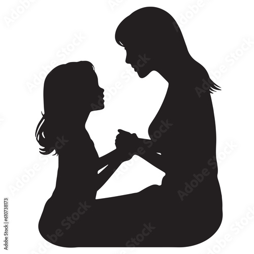 Mother holding hands with daughter, Motherday. Black silhouette vector isolated