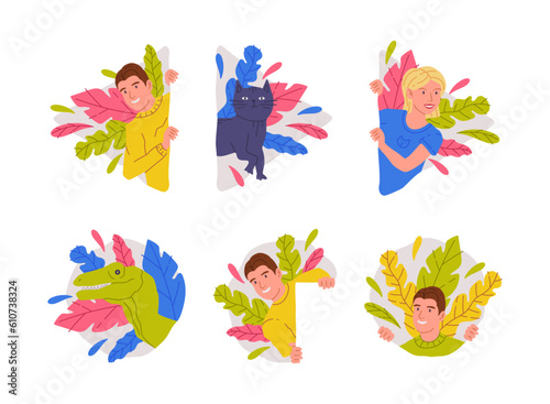 People and Animals Peeking Out of Window and Corner with Colorful Foliage Vector Set