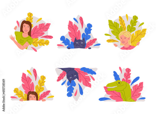 Woman and Animals Peeking Out of Window and Corner with Colorful Foliage Vector Set