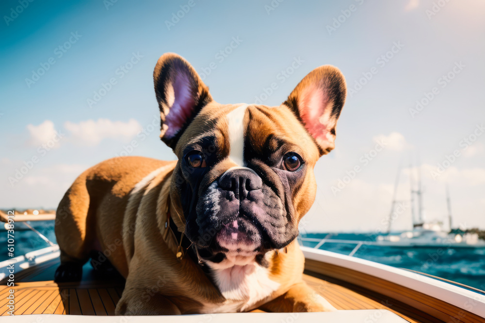 Digital photo of a cute French bulldog  at the helm of a luxury yacht on a sunny day. Wildlife imagery, the concept of ecological environment. Generative AI