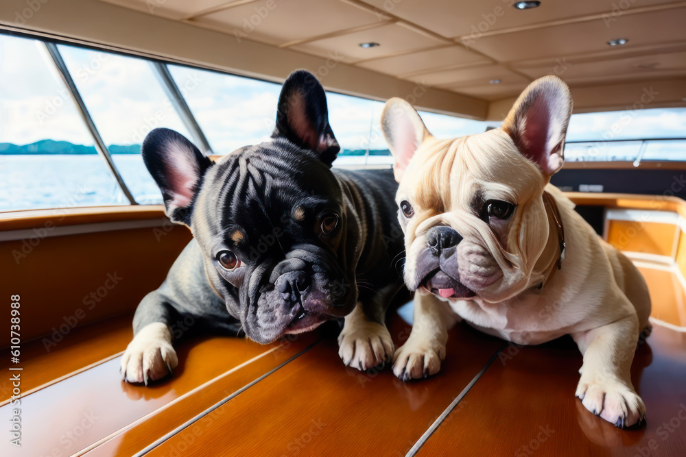 Digital photo of a cute French bulldog  at the helm of a luxury yacht on a sunny day. Wildlife imagery, the concept of ecological environment. Generative AI