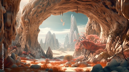 Alien landscape with bizarre rock formations, strange plants, and exotic creatures, transporting the viewer to an unknown and fantastical world