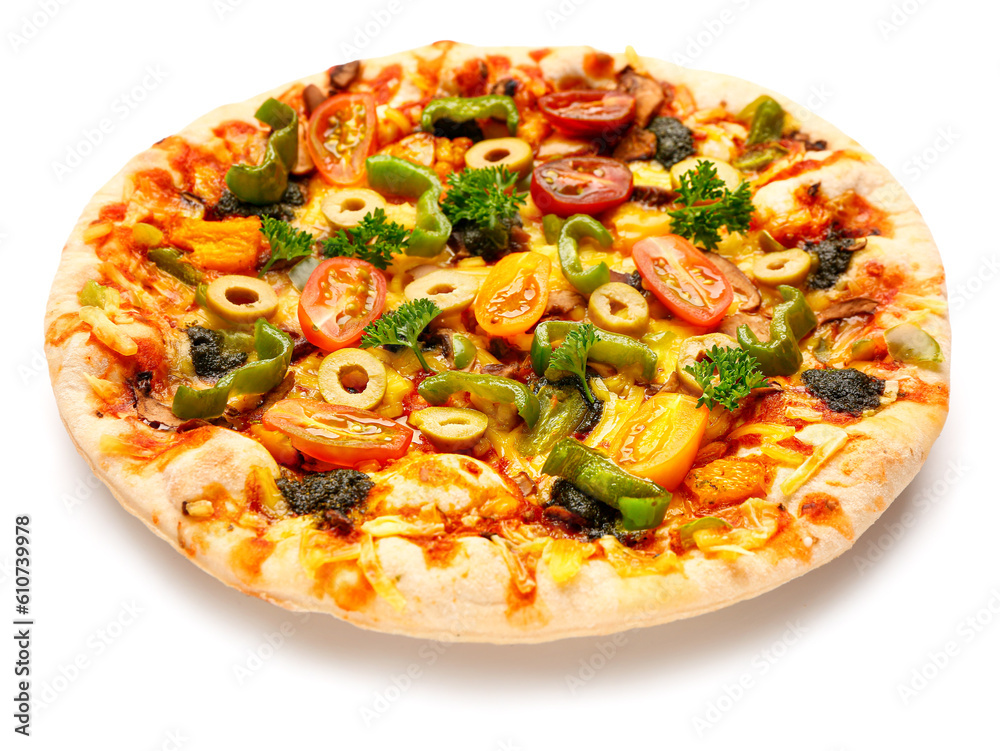 Vegetable pizza on white background Vegetable pizza on white background