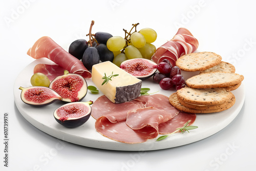 Italian appetizer prosciutto and cheeses served on platter with figs and grape. Generative AI illustration photo
