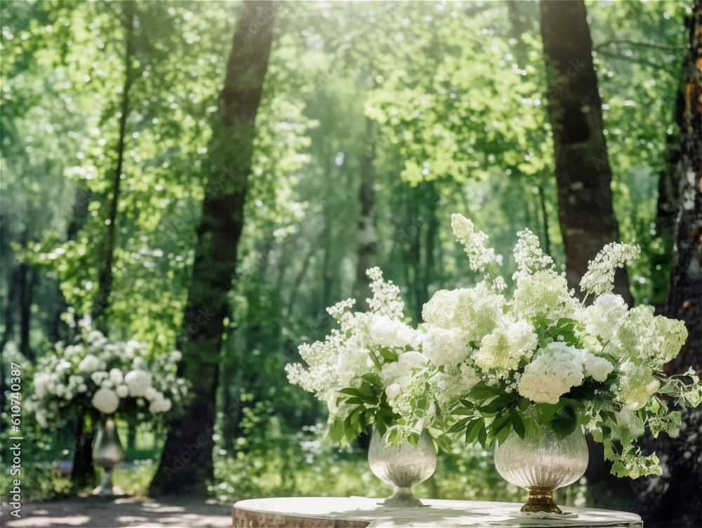 Wedding ceremony flowers decoration outdoors, ai generated