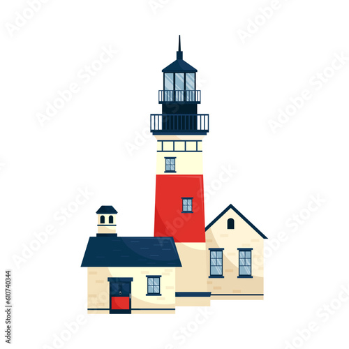 Lighthouse. Coastal lighthouse with houses. Way sign for sea ships.