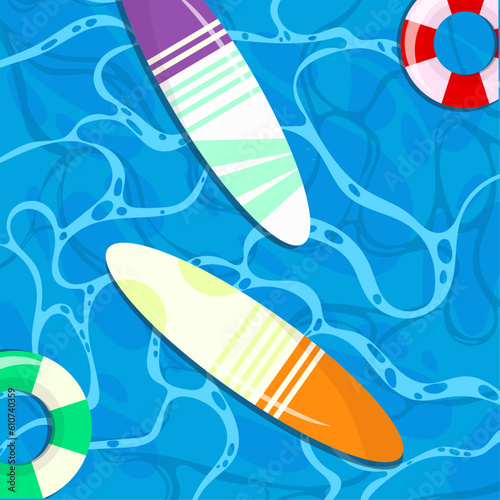 Water. Pool. Water entertainment. Background of spots on the surface of the sea or ocean with a surfboard and a lifebuoy.