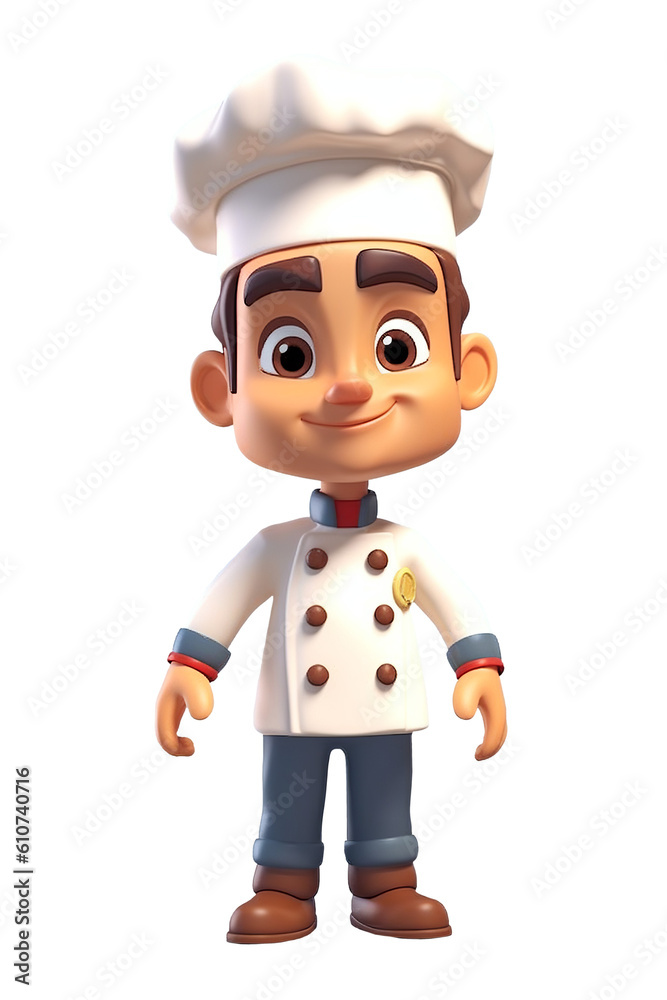 3d cartoon character of a smiley chef, standing, isolated on white or ...