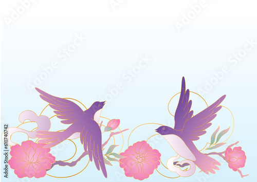 Oriental birds and flowers illustration. Chinese and japanese traditional background. © incomible