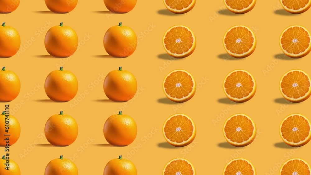 Stop motion Cut and whole Orange appear and disappear on pastel background. High quality video 4K. Detailed stop motion video. Background or wallpaper in food and drinks videos.