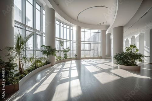 Empty hall in modern building with indoor plants and tall windows. Generative AI illustration