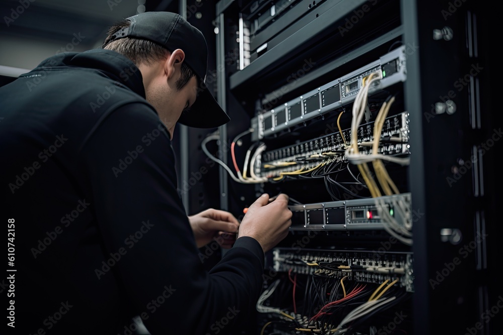 Technician repairing server in data center. Technology and internet concept. An IT Engineer close up shot of fixing server problem, AI Generated Technician repairing server in data center. Technology and internet concept. An IT Engineer close up shot of fixing server problem, AI Generated