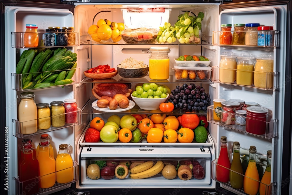 Refrigerator full of healthy food, fruit and vegetables, horizontal, An opened fridge full of fresh fruits and vegetables, AI Generated