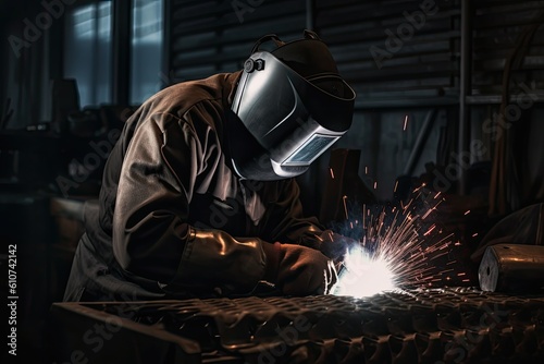 Welder working in the factory. Worker wearing protective clothing and welding mask. An Industrial welder wearing full protection and walding, AI Generated