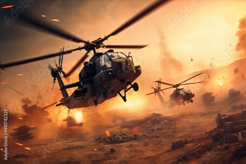 Helicopter in the desert. Military scene. 3d render, Attack helicopters flying in a warzone and shooting, AI Generated photo