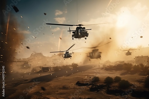 The military fighting scene on war fog sky background, Attack scene. Armored vehicles. Tanks battle. Attack helicopters flying in a warzone and shooting, AI Generated photo