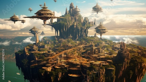 Wwonderful city suspended in the sky, with intricate architecture, floating platforms, and breathtaking vistas