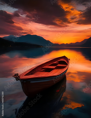 The boat peacefully glides across the calm lake, leaving a gentle ripple in its wake in the tranquil evening, picturesque lake encircled by majestic mountains creates a captivating natural environment