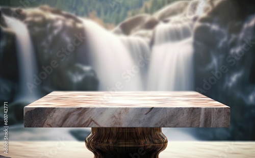 Empty Marble Table with Blur Waterfall Background. Product Showcase