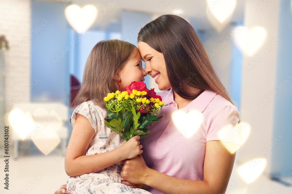 Mother's day concept. Child daughter and young mother Mother's day concept. Child daughter and young mother