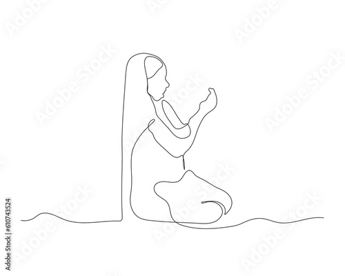 Muslim girl praying Continuous line drawing. hands joined together for a prayer line art vector. small girl praying line art. Muslim girl