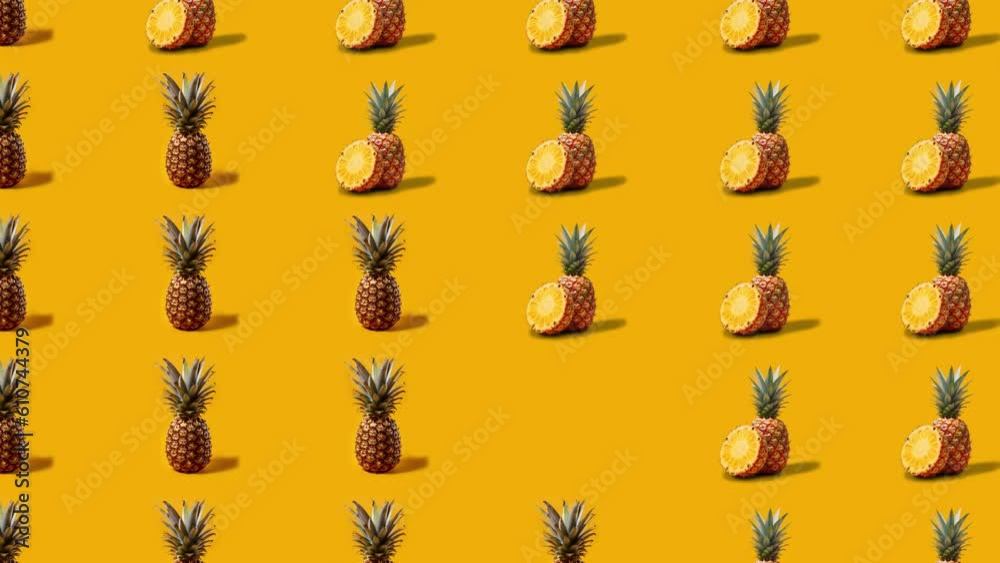 Stop motion Cut and whole Pineapple appear and disappear on pastel background. High quality video 4K. Detailed stop motion video. Background or wallpaper in food and drinks videos. Stop motion Cut and whole Pineapple appear and disappear on pastel background. High quality video 4K. Detailed stop motion video. Background or wallpaper in food and drinks videos.