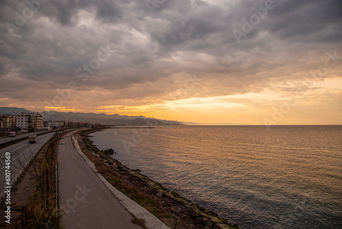 Coastal and sunset view taken by the roadside of Giresun province in the Black Sea region. Giresun, Türkiye