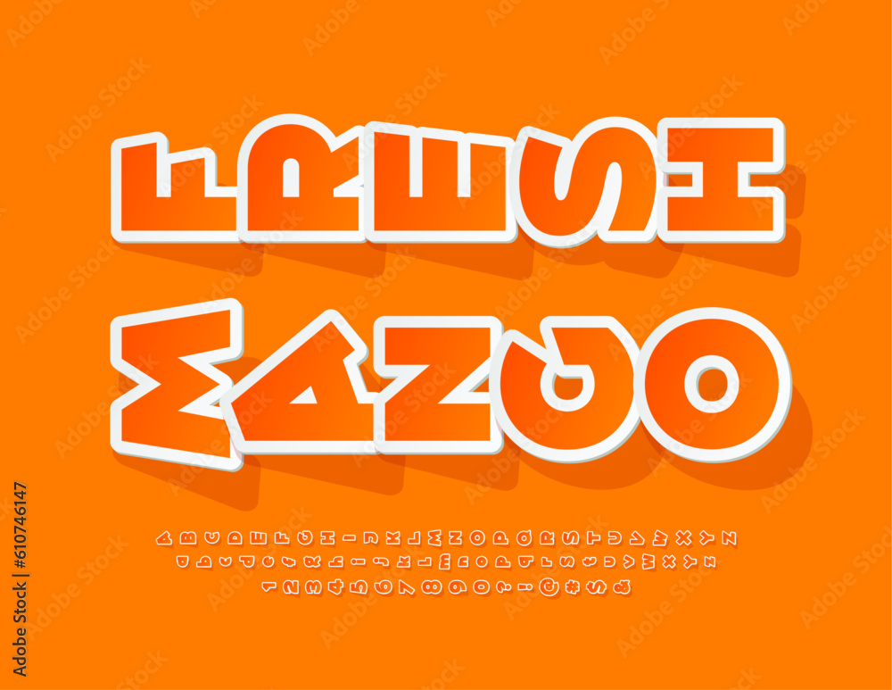 Vector advertising Poster Fresh Mango. Orange sticker Font. Creative rotated Alphabet Letters and Numbers set