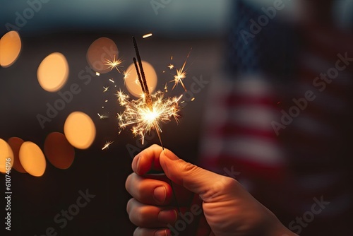person holding a sparkler while holding a flag on the background Generative AI