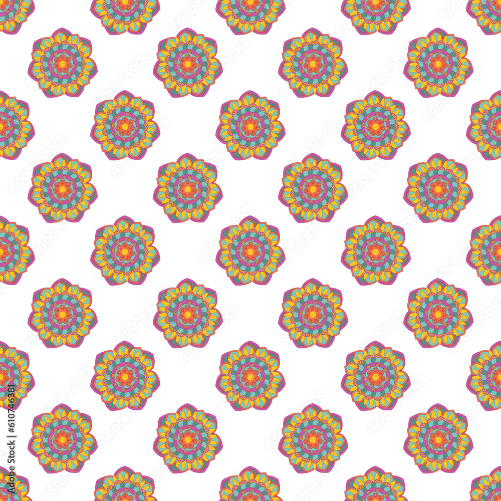 Seamless paisley patchwork pattern on white background.