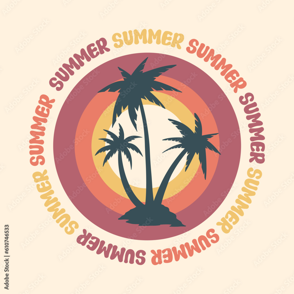 Summer holiday vector illustration; retro summer vacation, beach, sunset, ocean waves, palm trees elements and symbols