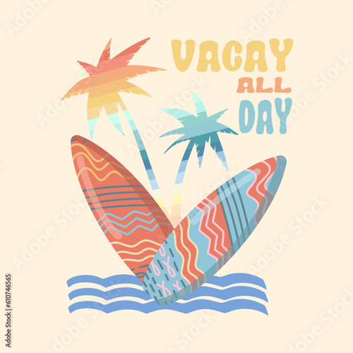 Summer holiday vector illustration; retro summer vacation, surfing, beach, sunset, palm trees elements and symbols